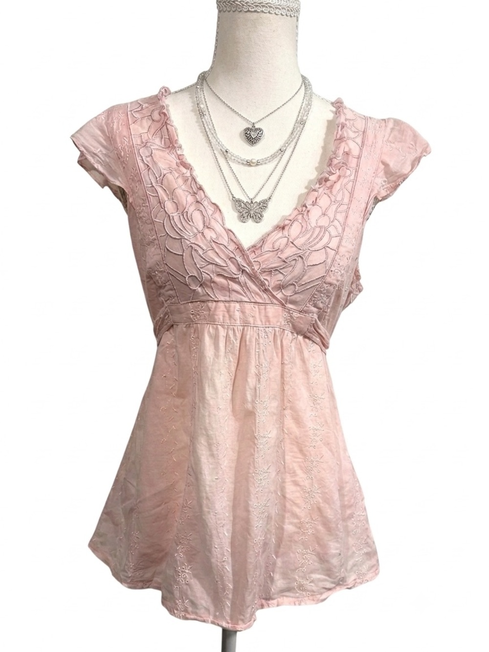 Vintage Y2K Coquette Do&Be Pink Floral Embroidery Eyelet Babydoll Wrap Top L